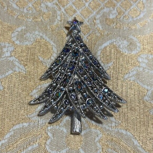 HOLIDAY🎄🎄SILVER STARRS Silver AB Rhinestone Tree BROOCH - Picture 7 of 9